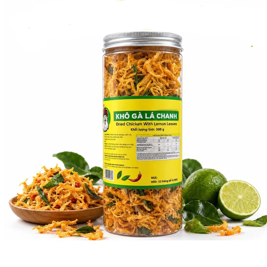 Khô Gà Lá chanh làm từ thịt gà tươi không chất bảo quản- Lon 500g