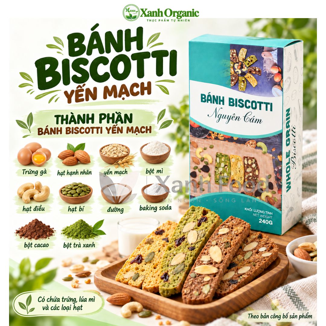 Bánh biscotti nguyên cám yến mạch mix 3 vị – giòn thơm vị hạt, tiện dùng bữa phụ | Xanh Organic | 180g – 240g — ảnh 3