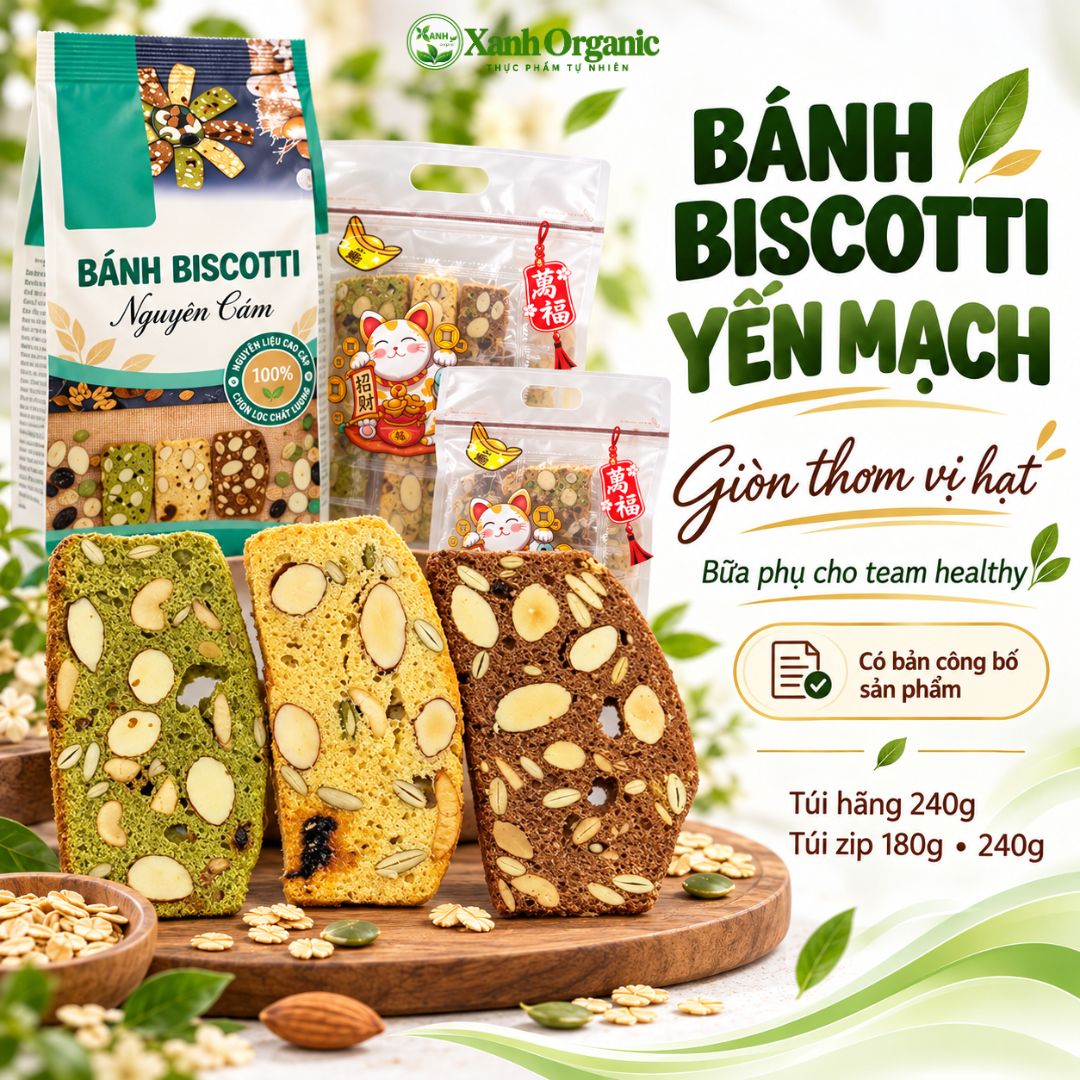 Bánh biscotti nguyên cám yến mạch mix 3 vị – giòn thơm vị hạt, tiện dùng bữa phụ | Xanh Organic | 180g – 240g — ảnh 2